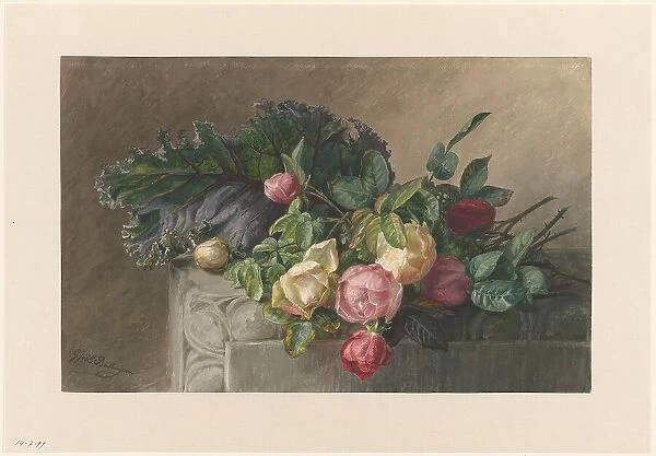 Still life with roses and cabbage leaf, 1836-1892. Creator: Gerardina Jacoba van de Sande Bakhuyzen