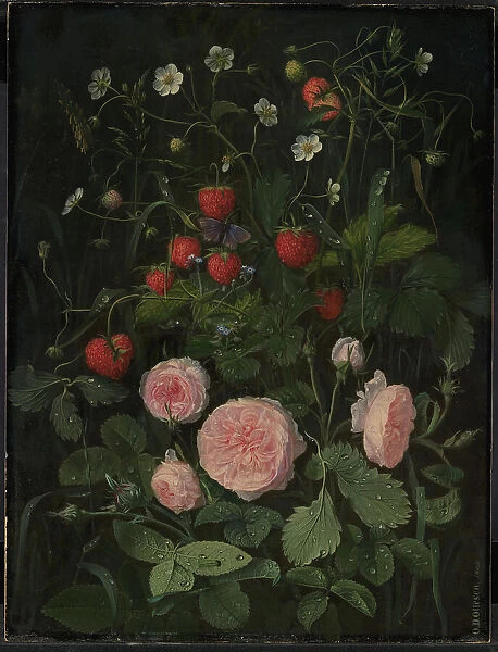 Still Life with Roses and Strawberries, 1843. Creator: Otto Didrik Ottesen