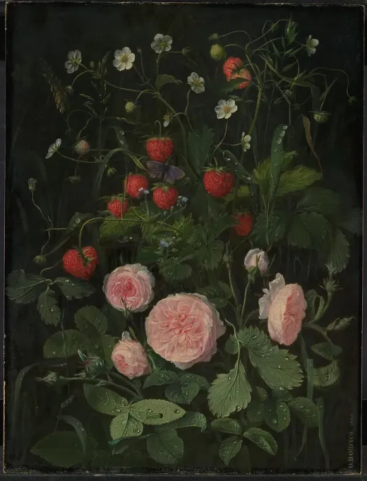 Framed Print : Still Life with Roses and Strawberries, 1843. Creator: Otto Didrik Ottesen Framed Print : Still Life with Roses and Strawberries, 1843. Creator: Otto Didrik Ottesen