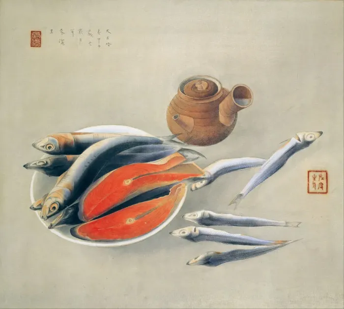 Framed Print : Still Life. Salmon Slices and Sardines, 1924. Artist: Bakusen, Tsuchida (1887-1936) Framed Print : Still Life. Salmon Slices and Sardines, 1924. Artist: Bakusen, Tsuchida (1887-1936)