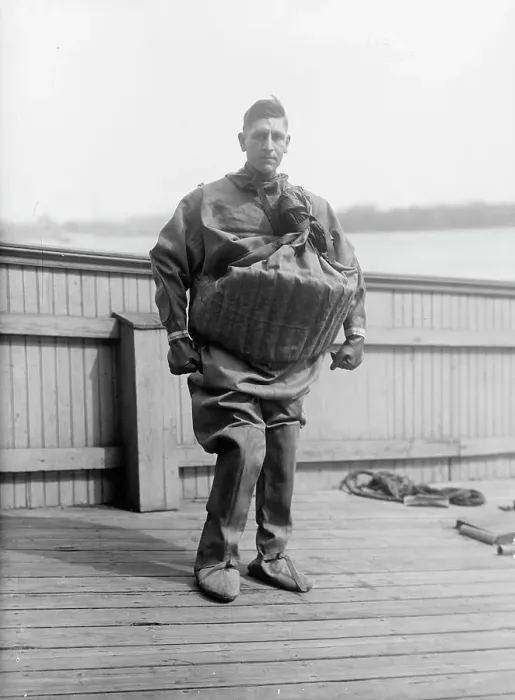 Framed Print : Life Saving Suit Worn By T. Aud, 1916. Creator: Harris & Ewing. Life Saving Suit Worn By T. Aud, 1916. Creator: Harris & Ewing Framed Print : Life Saving Suit Worn By T. Aud, 1916. Creator: Harris & Ewing. Life Saving Suit Worn By T. Aud, 1916. Creator: Harris & Ewing