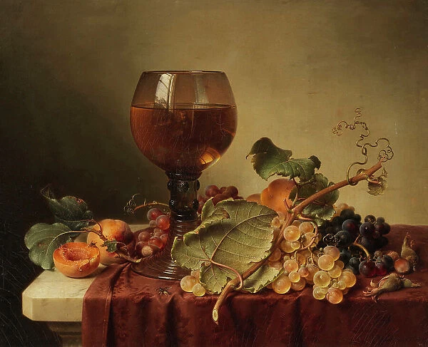 Still life with a self-portrait in a wine glass and fruit, 1861. Creator: Preyer, Johann Wilhelm (1803-1889)