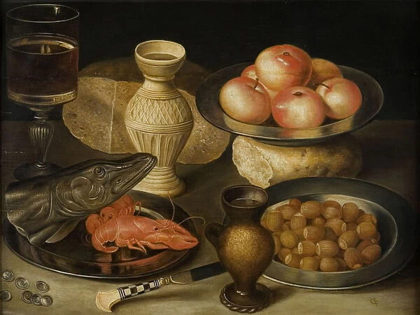 Still life with Siegburg stoneware jug, glass, knife, two loaves…, Early 17th cen