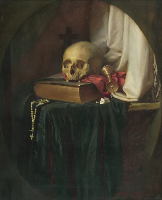 Framed Print : Still life with a skull and a book, 1860. Creator: Gyula Benczur Framed Print : Still life with a skull and a book, 1860. Creator: Gyula Benczur