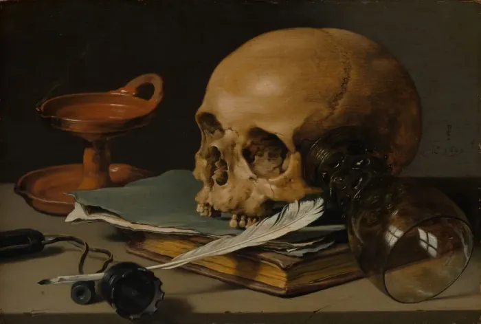Framed Print : Still Life with a Skull and a Writing Quill, 1628. Creator: Pieter Claesz Framed Print : Still Life with a Skull and a Writing Quill, 1628. Creator: Pieter Claesz