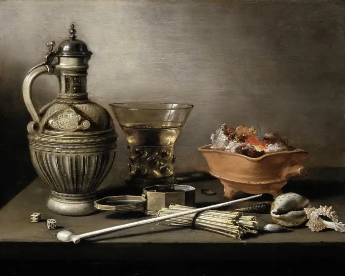 Framed Print : Still Life with a Stoneware Jug, Berkemeyer, and Smoking Utensils, 1640. Creator: Pieter Claesz Framed Print : Still Life with a Stoneware Jug, Berkemeyer, and Smoking Utensils, 1640. Creator: Pieter Claesz