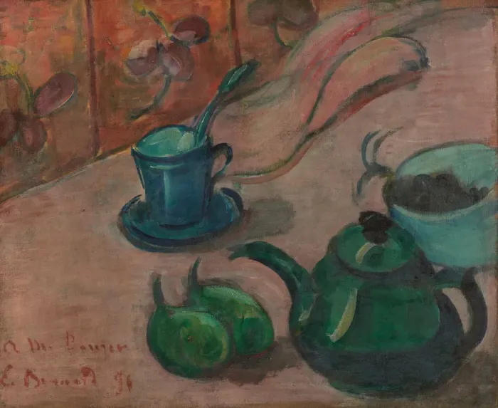 Framed Print : Still life with teapot, cup and fruit, 1890. Artist: Bernard, Emile (1868-1941)