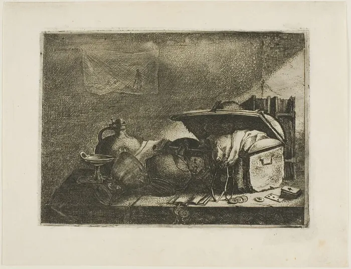 Framed Print : Still Life with Travelling Trunk, 1640s. Creator: Leonard Bramer Framed Print : Still Life with Travelling Trunk, 1640s. Creator: Leonard Bramer