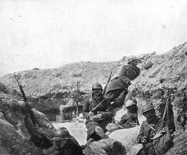 Life in the trenches in Champagne; Calm: 'correspondence and cigarettes, 1917. Creator: Unknown. Life in the trenches in Champagne; Calm: 'correspondence and cigarettes, 1917. Creator: Unknown