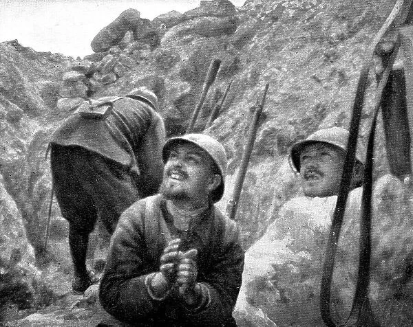 Life in the trenches in Champagne; A torpedo passes: two soldiers follow its trajectory...1917. Creator: Unknown