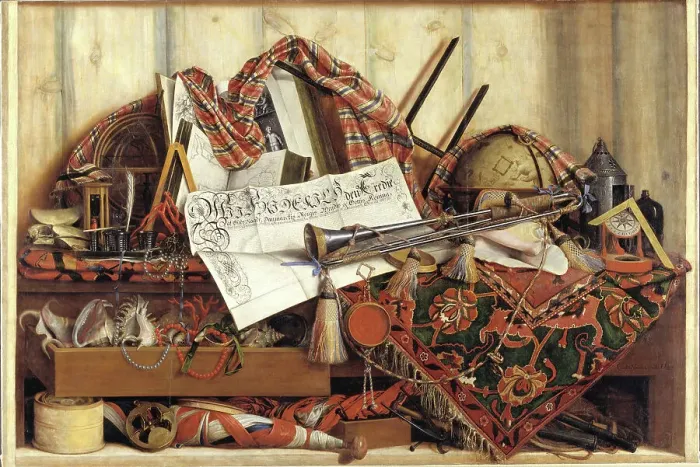 Framed Print : Still Life with a Trumpet and a Celestial Globe, Trompe l´oeil, 1670. Creator: Cornelis Norbertus Gysbrechts Framed Print : Still Life with a Trumpet and a Celestial Globe, Trompe l´oeil, 1670. Creator: Cornelis Norbertus Gysbrechts