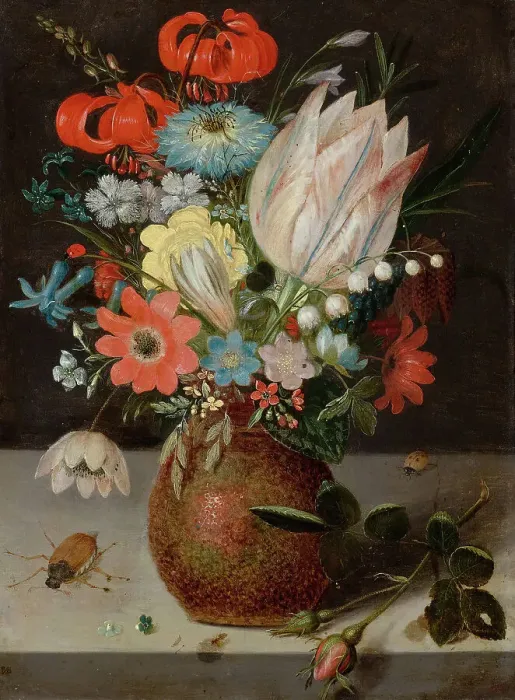 Framed Print : Still life with tulip, snowbell panicle and checkered flower in an engobe vase... early 17th cen. Creator: Binoit; Peter (ca 1590-1632) Framed Print : Still life with tulip, snowbell panicle and checkered flower in an engobe vase... early 17th cen. Creator: Binoit; Peter (ca 1590-1632)