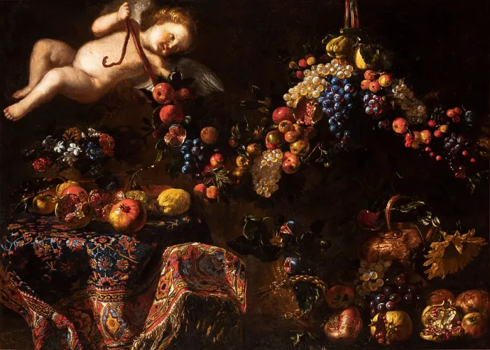 Framed Print : Still Life with a Turkish Carpet and a Putto Holding a Garland of Fruit, c1650. Creator: Noletti (il Maltese), Francesco (1611-1654) Framed Print : Still Life with a Turkish Carpet and a Putto Holding a Garland of Fruit, c1650. Creator: Noletti (il Maltese), Francesco (1611-1654)