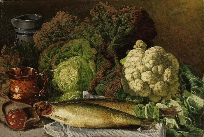 Framed Print : Still Life with Vegetables and Fish, 1876. Creator: Fanny Churberg