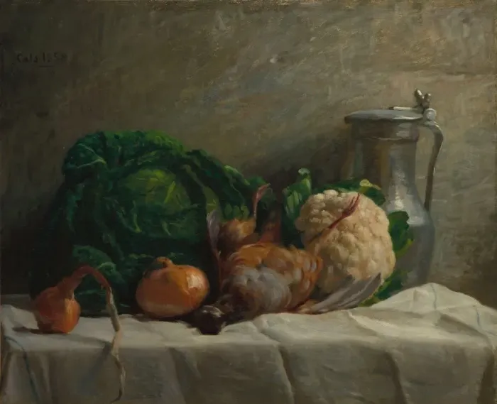 Framed Print : Still Life with Vegetables, Partridge, and a Jug, 1858. Creator: Adolphe-Felix Cals (French Framed Print : Still Life with Vegetables, Partridge, and a Jug, 1858. Creator: Adolphe-Felix Cals (French