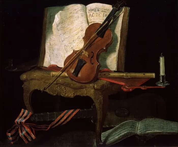 Framed Print : Still Life with a Violin, 19th century. Artist: Pierre Justin Ouvrie Framed Print : Still Life with a Violin, 19th century. Artist: Pierre Justin Ouvrie