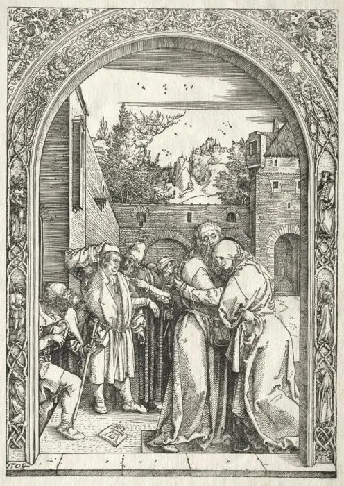 Framed Print : Life of the Virgin: Joachim and Anna Embracing under the Golden Gate, 1504-1505. Creator Framed Print : Life of the Virgin: Joachim and Anna Embracing under the Golden Gate, 1504-1505. Creator