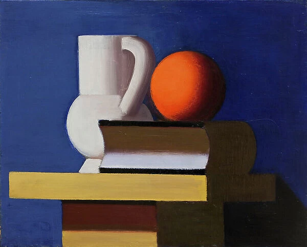 Still Life with White Jar, Orange and Book. Blue Background, 1932-1933. Creator: Vilhelm Lundstrom