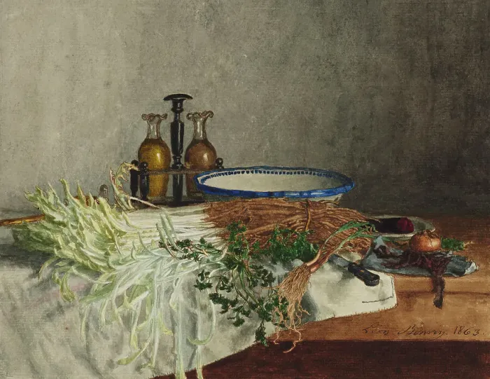 Framed Print : Still Life with Wild Chicory, Chervil, and Cruet, 1863. Creator: Leon Bonvin Framed Print : Still Life with Wild Chicory, Chervil, and Cruet, 1863. Creator: Leon Bonvin