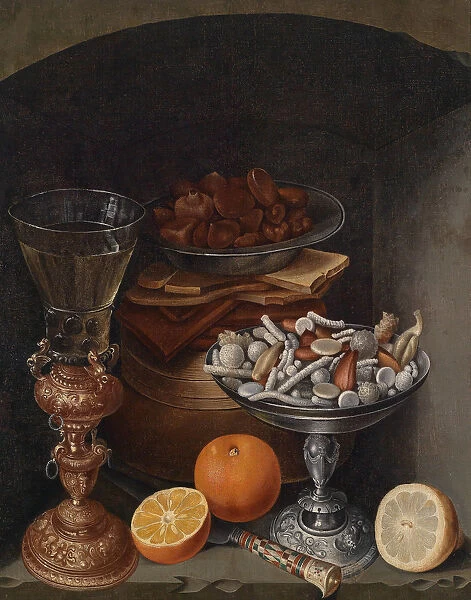 Still life with a wineglass, oranges, a plate with mushrooms and a silver cup, Early 17th cen