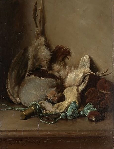 Still life with Wood Pigeon and Powder Horn, 1874. Creator: Guillaume Anne van der Brugghen