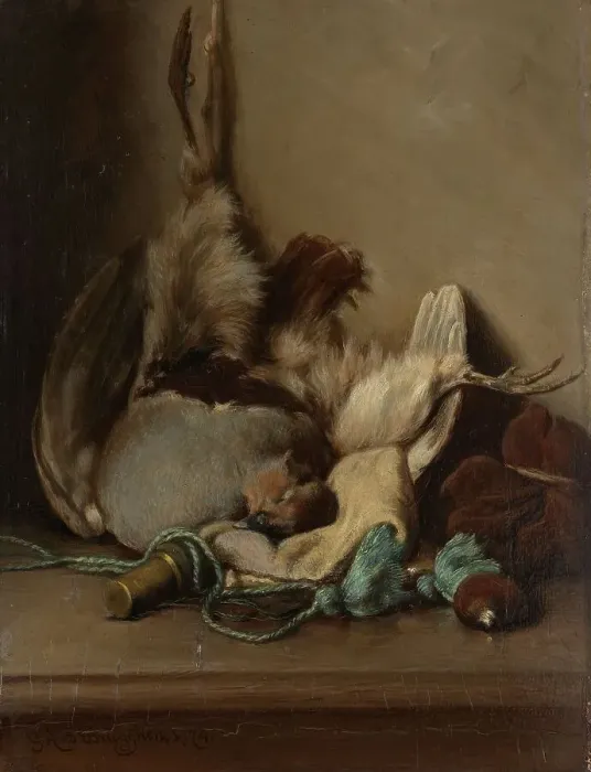 Framed Print : Still life with Wood Pigeon and Powder Horn, 1874. Creator: Guillaume Anne van der Brugghen Framed Print : Still life with Wood Pigeon and Powder Horn, 1874. Creator: Guillaume Anne van der Brugghen