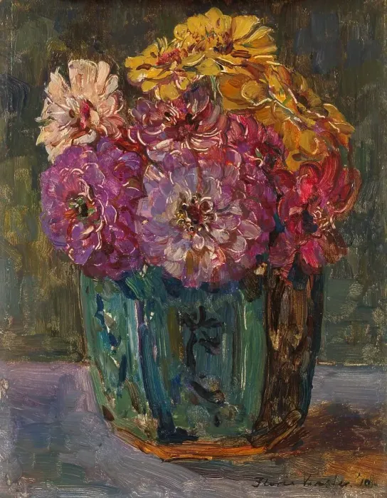 Framed Print : Still Life with Zinnias in a green Jar, 1910. Creator: Floris Hendrik Verster Framed Print : Still Life with Zinnias in a green Jar, 1910. Creator: Floris Hendrik Verster