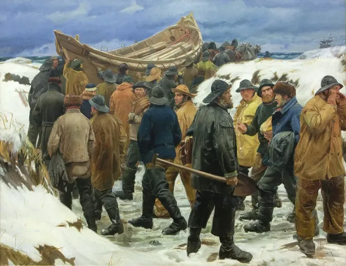 Framed Print : The Lifeboat is Taken through the Dunes, 1883. Creator: Michael Peter Ancher