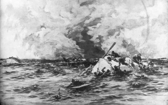 Framed Print : The lifeboats of RMS Lusitania, 7 May 1915, (1926). Artist: Samuel Begg Framed Print : The lifeboats of RMS Lusitania, 7 May 1915, (1926). Artist: Samuel Begg