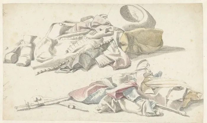 Framed Print : Two still lifes of a soldier's uniform, 1600-1699. Creator: Anon Framed Print : Two still lifes of a soldier's uniform, 1600-1699. Creator: Anon