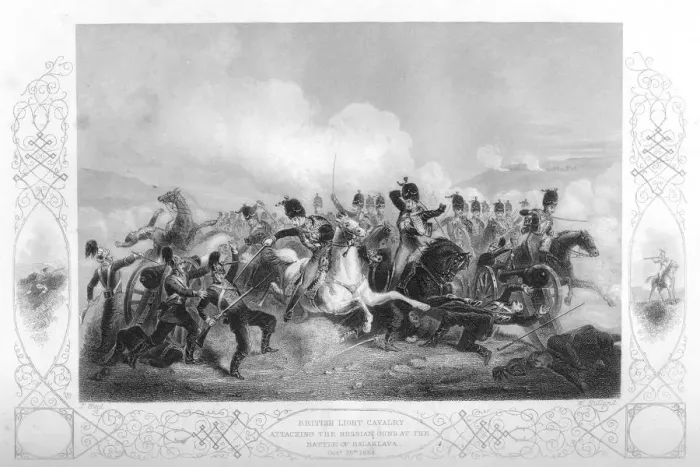 Framed Print : Light cavalry attacking the Russian guns at Balaclava during the Crimean War, 1854 (1857). Artist: W Hulland Framed Print : Light cavalry attacking the Russian guns at Balaclava during the Crimean War, 1854 (1857). Artist: W Hulland