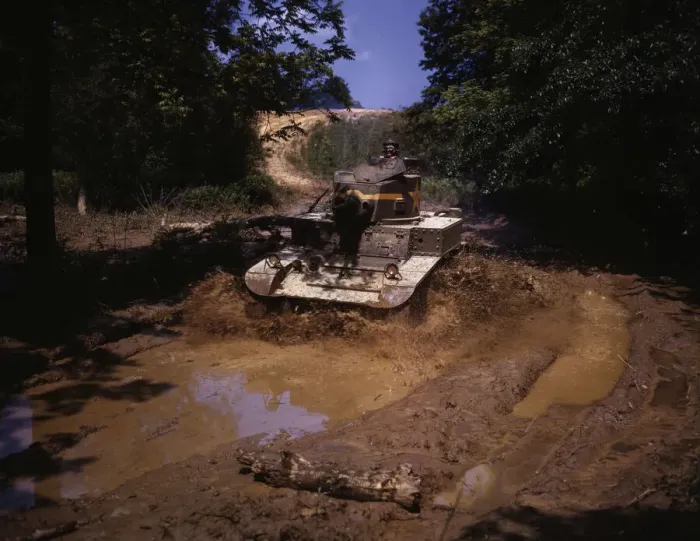 Framed Print : Light tank going through water obstacle, Ft. Knox, Ky. 1942. Creator: Alfred T Palmer Framed Print : Light tank going through water obstacle, Ft. Knox, Ky. 1942. Creator: Alfred T Palmer