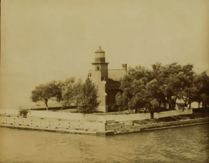 Framed Print : Lighthouse at end of ship canal, St. Clair Lake... near Bayfield, Wisconsin, 1903. Creator: Frances Benjamin Johnston Framed Print : Lighthouse at end of ship canal, St. Clair Lake... near Bayfield, Wisconsin, 1903. Creator: Frances Benjamin Johnston