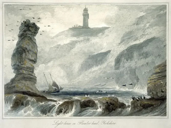 Framed Print : Lighthouse on Flamborough Head, Yorkshire, 1822. Artist: William Daniell Framed Print : Lighthouse on Flamborough Head, Yorkshire, 1822. Artist: William Daniell