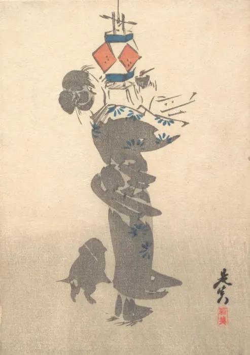 Framed Print : Lighting a Hanging Lantern for the Obon Festival, 1860. 1860. Creator: Shibata Zeshin