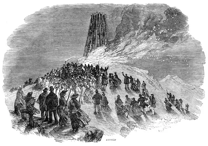 Framed Print : The lighting of the Malvern Monster Beacon, 1856. Creator: Edmund Evans