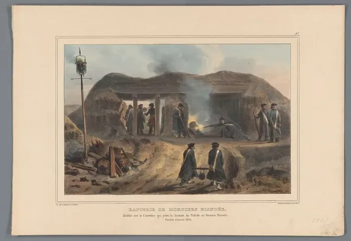Framed Print : Lighting a mortar in an armoured battery, 1832, (1833). Creator: Auguste Raffet