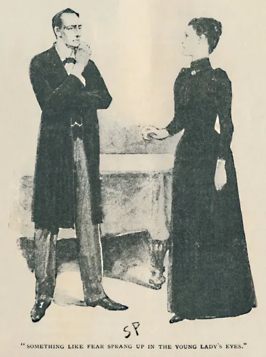 Framed Print : Something Like Fear Sprang Up In The Young Ladys Eyes, 1892. Artist: Sidney E Paget Framed Print : Something Like Fear Sprang Up In The Young Ladys Eyes, 1892. Artist: Sidney E Paget