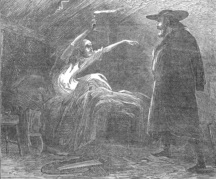 Framed Print : Like a galvanised corpse, she raised herself suddenly, and seizing the candle... 1872. Creator: J. J Framed Print : Like a galvanised corpse, she raised herself suddenly, and seizing the candle... 1872. Creator: J. J