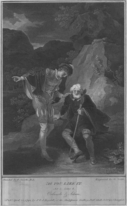 Framed Print : As You Like It. Act 2. Scene 6. Orlando & Adam, 1798. Artist: George Noble Framed Print : As You Like It. Act 2. Scene 6. Orlando & Adam, 1798. Artist: George Noble