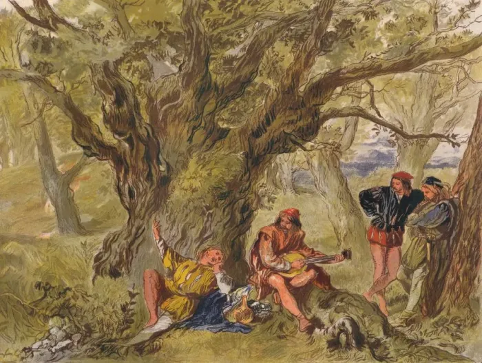Framed Print : As You Like It: Act II, Scene V. Under the Greenwood Tree, sung by Amiens, c1875. Artist: Sir John Gilbert Framed Print : As You Like It: Act II, Scene V. Under the Greenwood Tree, sung by Amiens, c1875. Artist: Sir John Gilbert