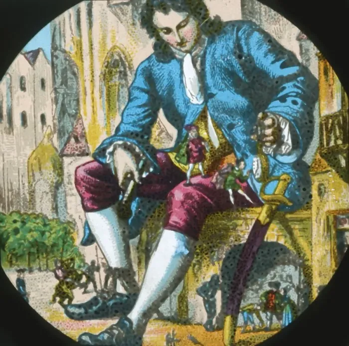 Framed Print : The Lilluputians climb on Gulliver, lantern slide, late 19th century. Creator: Unknown Framed Print : The Lilluputians climb on Gulliver, lantern slide, late 19th century. Creator: Unknown