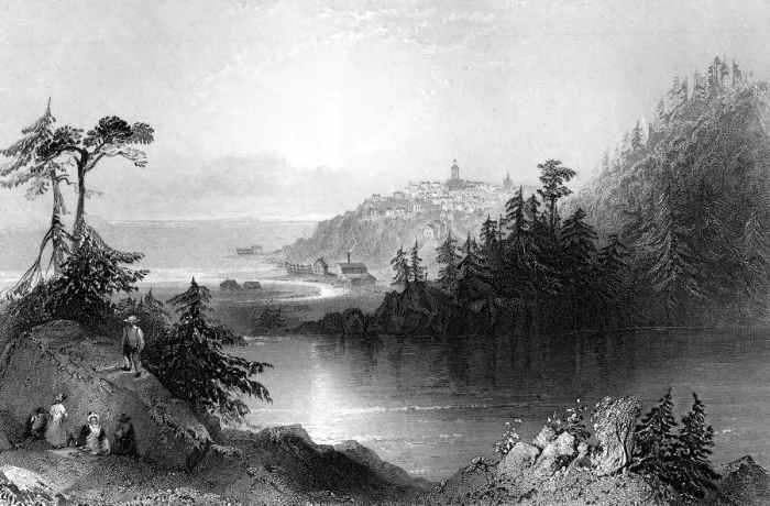 Framed Print : Lily Lake, with the town of St John on an outcrop beyond, Canada, 19th century. Artist: R Brandard Framed Print : Lily Lake, with the town of St John on an outcrop beyond, Canada, 19th century. Artist: R Brandard