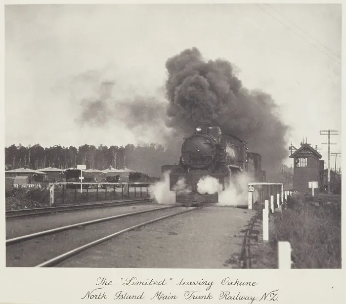 Framed Print : The Limited leaving Oakune (sic), North Island main trunk railway, N.Z. 1920s. Creator: Harry Moult Framed Print : The Limited leaving Oakune (sic), North Island main trunk railway, N.Z. 1920s. Creator: Harry Moult
