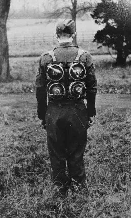 Framed Print : Limpet mines being carried on a harness on the back of a soldier, c1943. Creator: British Government Framed Print : Limpet mines being carried on a harness on the back of a soldier, c1943. Creator: British Government