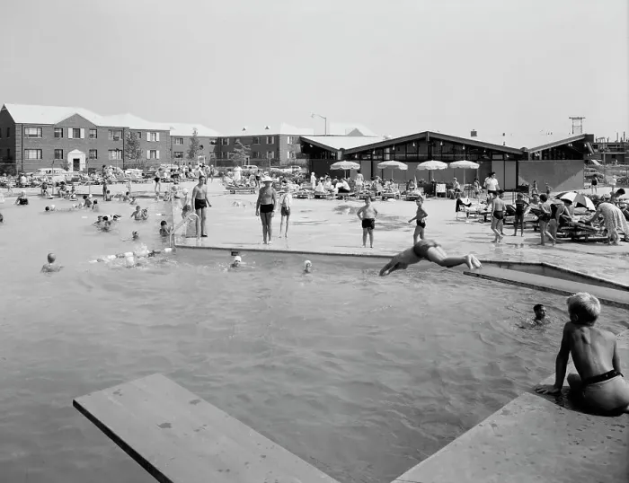 Framed Print : Linden Woods Swim Club, Howard Beach, 1959. Creator: Gottscho-Schleisner, Inc Framed Print : Linden Woods Swim Club, Howard Beach, 1959. Creator: Gottscho-Schleisner, Inc