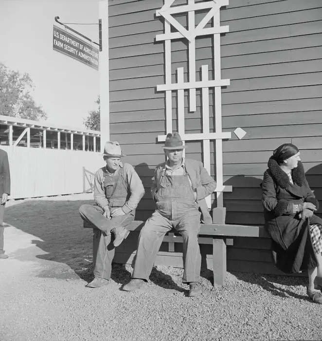 Framed Print : Lineup outside of Farm Security Administration grant office early in the morning, Tulare, CA, 1938. Creator: Dorothea Lange Framed Print : Lineup outside of Farm Security Administration grant office early in the morning, Tulare, CA, 1938. Creator: Dorothea Lange