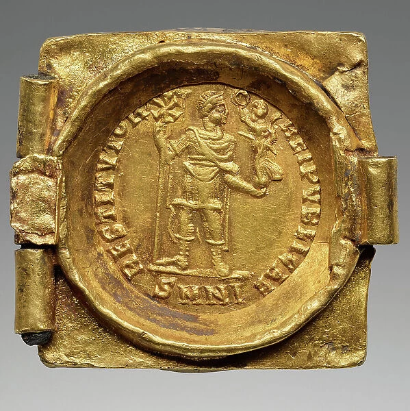 Link from a Coin Belt: Emperor with vexillum and crowning Victory, 379-395. Creator: Numismatic, Ancient Coins