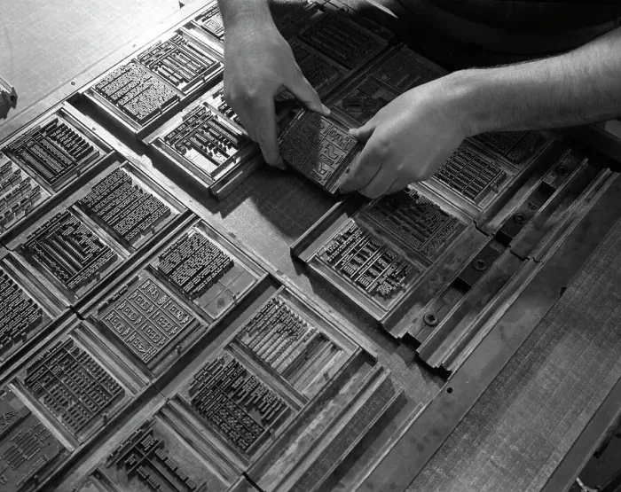 Framed Print : Linotype block being set in the dye at a printworks, Mexborough, South Yorkshire, 1959 Framed Print : Linotype block being set in the dye at a printworks, Mexborough, South Yorkshire, 1959
