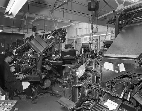 Linotype machine room at a printing company, Mexborough, South Yorkshire, 1959. Artist